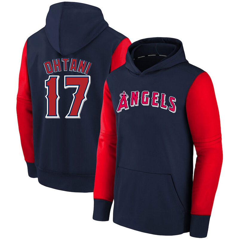 MLB Hoodie Los Angeles Angels Ohtani Num 17 Blue Red,long sleeve baseball drawstring hooded sweatshirt with two pockets