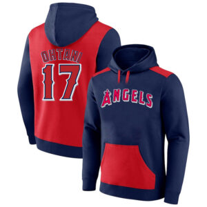 MLB Hoodie Los Angeles Angels Ohtani Num 17 Red Blue,long sleeve baseball drawstring hooded sweatshirt with two pockets