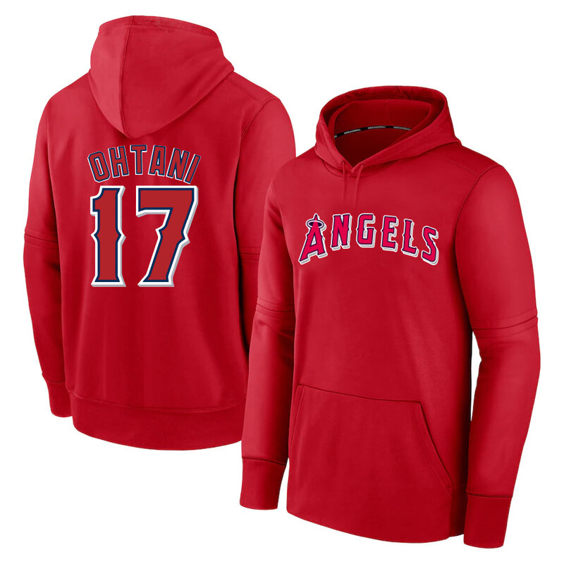 MLB Hoodie Los Angeles Angels Ohtani Num 17 Red,long sleeve baseball drawstring hooded sweatshirt with two pockets