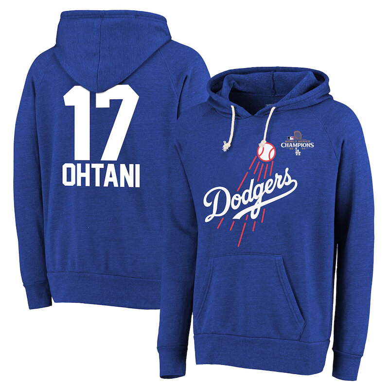 MLB Hoodie World Series Champions Los Angeles Dodgers Shohei Ohtani Num 17 Blue,long sleeve baseball hooded sweatshirt with drawstring and two pocket