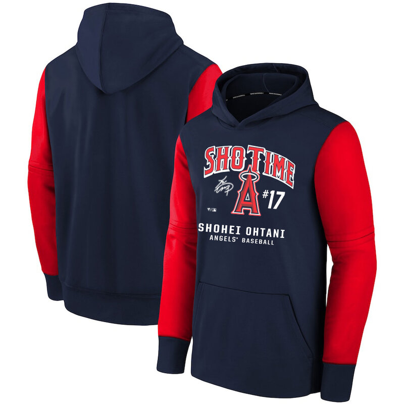 MLB Los Angeles Angels Sho-Time Shohei Ohtani Baseball Hoodie Blue Red,long sleeve baseball drawstring hooded sweatshirt with two pockets