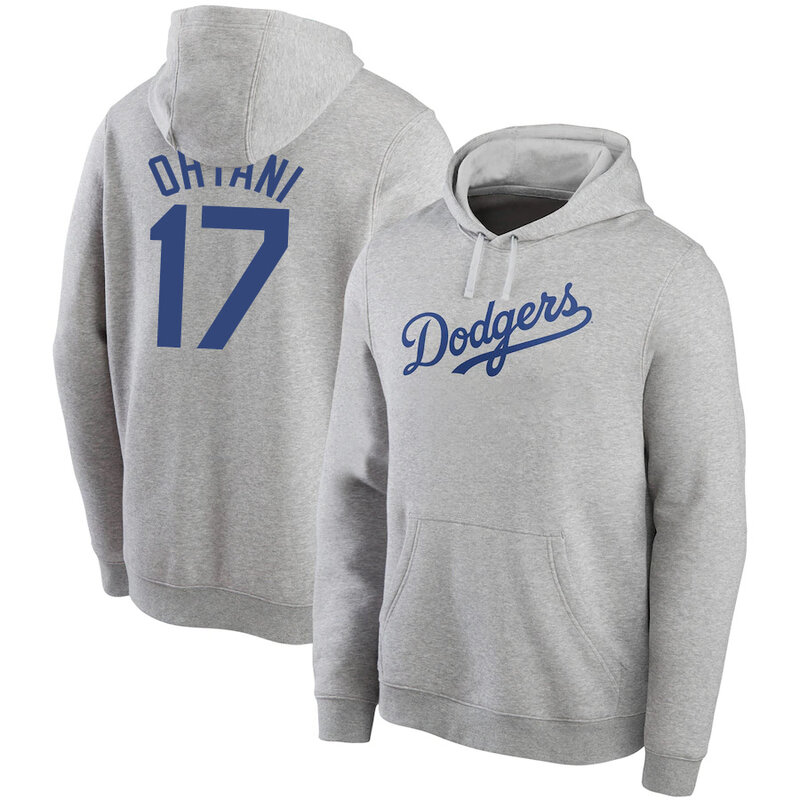 MLB Los Angeles Dodgers Shohei Ohtani Num 17 Baseball Hoodie Grey,long sleeve baseball hooded sweatshirt with drawstring and two pocket