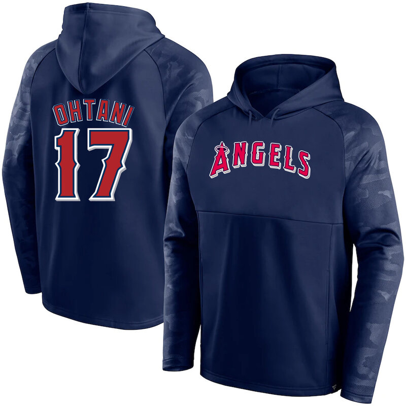 MLB Pullover Hoodie Los Angeles Angels Shohei Ohtani Num 17 Blue,long sleeve baseball drawstring hooded sweatshirt with two pockets