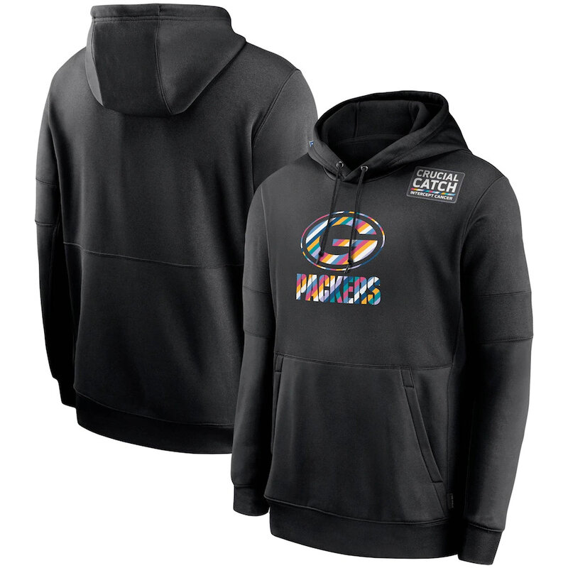 NFL apparel - NFL Green Bay Packers Crucial Catch Football Hoodie Black,long sleeve drawstring hooded baseball sweatshirt with front pockets