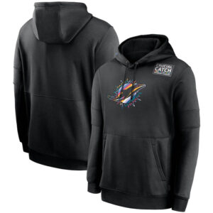 NFL apparel - NFL Miami Dolphins Crucial Catch Football Hoodie Black,long sleeve drawstring hooded baseball sweatshirt with front pockets