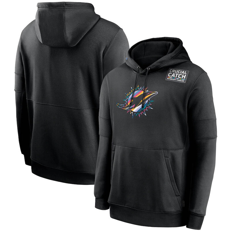 NFL apparel - NFL Miami Dolphins Crucial Catch Football Hoodie Black,long sleeve drawstring hooded baseball sweatshirt with front pockets