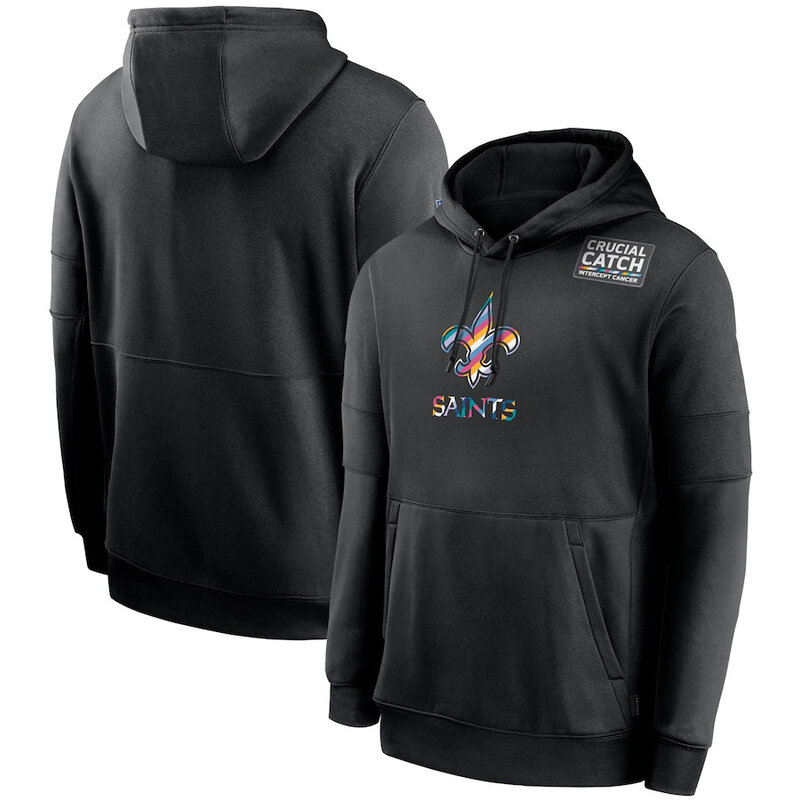 NFL apparel - NFL New Orleans Saints Crucial Catch Football Hoodie Black,long sleeve drawstring hooded baseball sweatshirt with front pockets